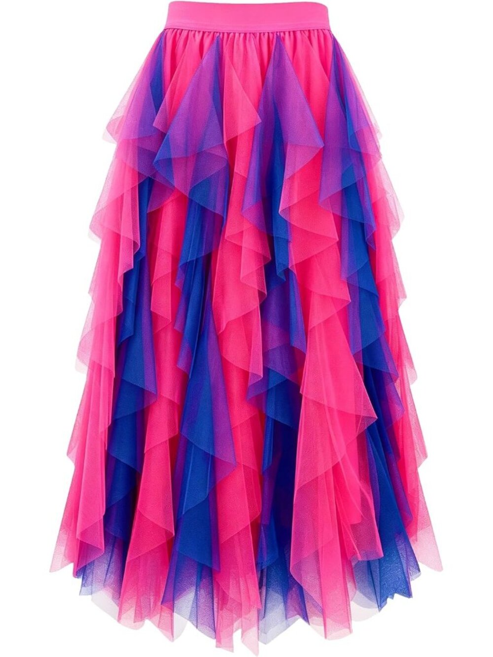Women Blue Rose High Waist Layered Tulle Mesh Ruffle Asymmetric Midi Tutu Skirt